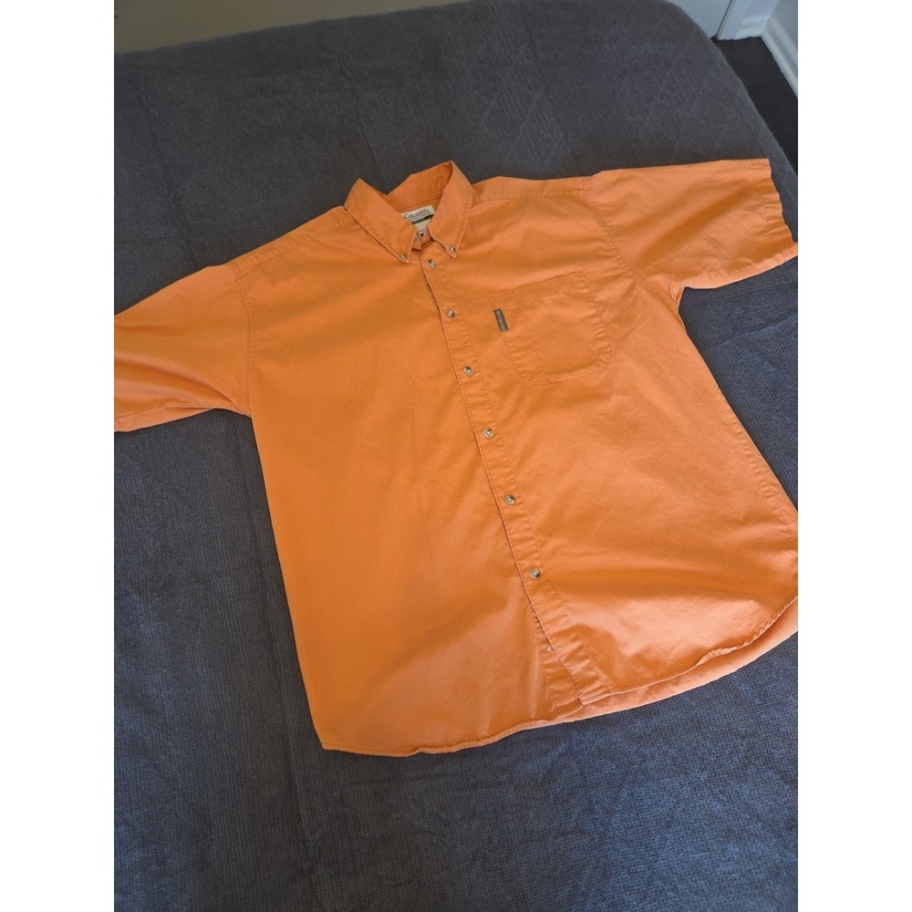 Columbia Mens Large Orange Short Sleeve Button Down Fishing Hiking Utility Shirt